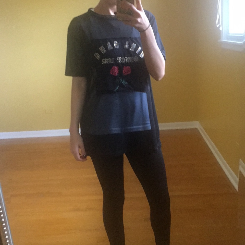 Black see through, long T-shirt with roses